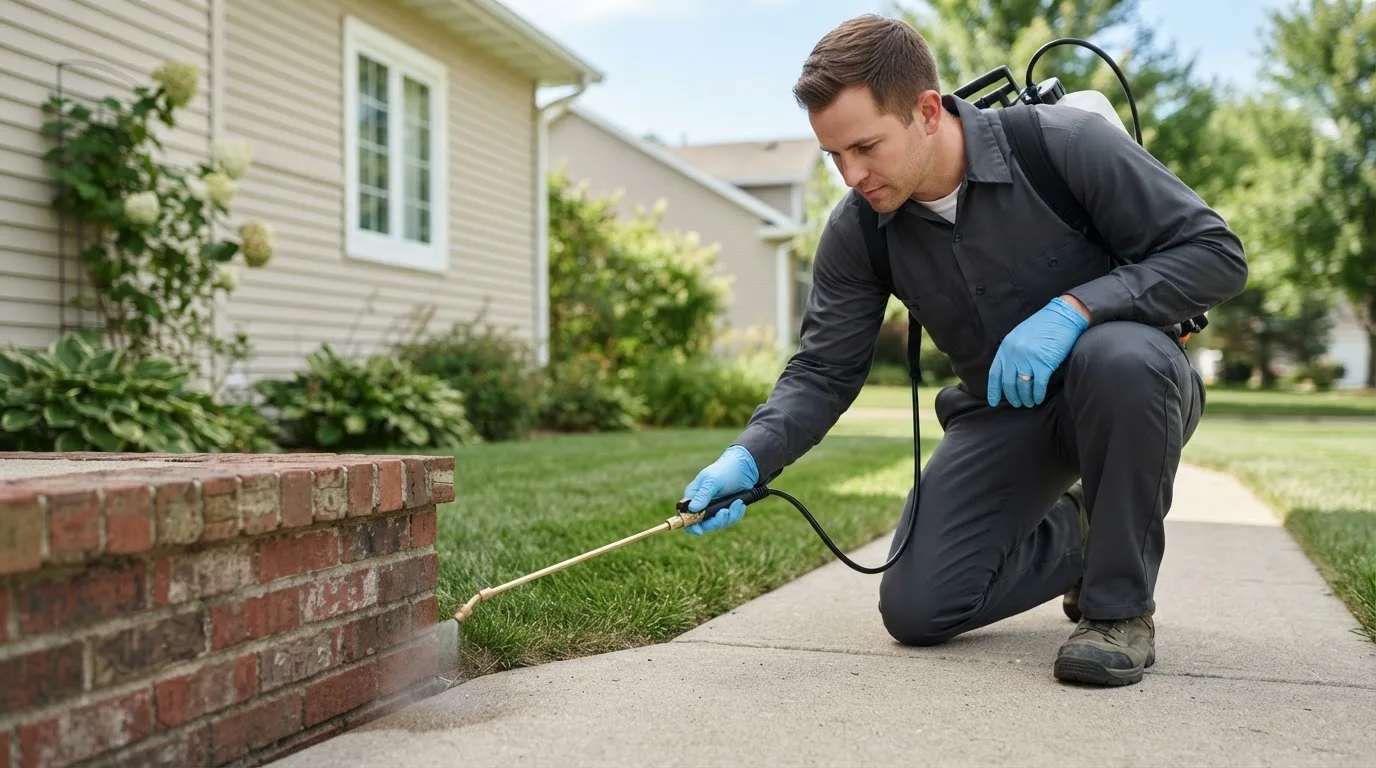 Pest control technician treating a home near Crownsville, MD